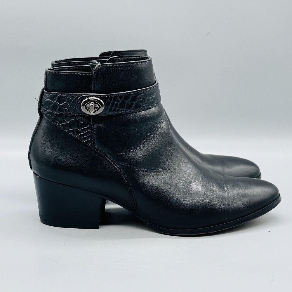 Coach Boots Womens 8.5 Black Leather Patricia Ankle Turnlock Block Heel Booties - Picture 1 of 10